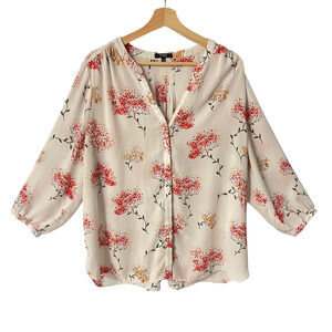 NYDJ Floral Print Top XL Beige Pink Button Up 3/4 Sleeve V Neck Chiffon Shirt